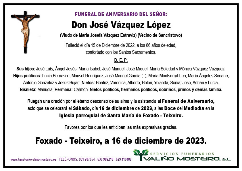 Esquela de José Vázquez López.